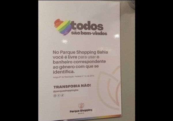 Shopping libera uso de banheiro de acordo com o gênero de identificação