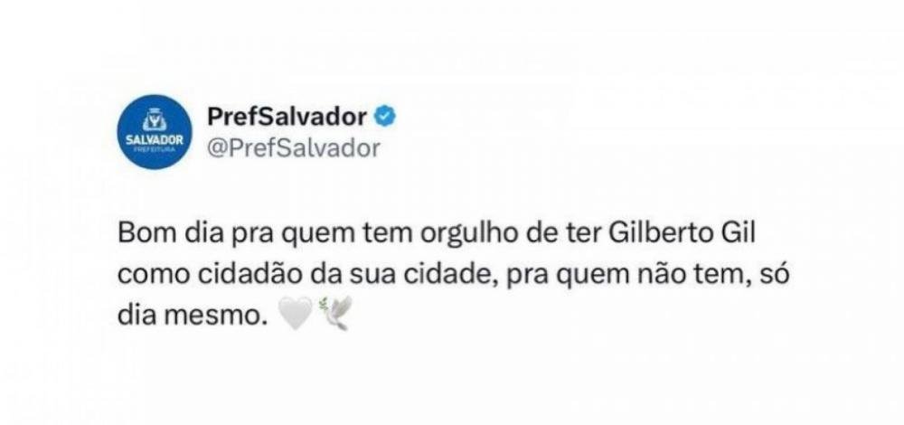 Prefeitura de Salvador alfineta Florianópolis após recusa de Gil como cidadão honorário