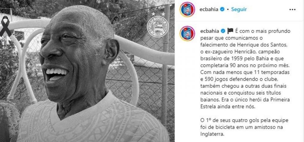 Aos 89 anos, morre o campeão brasileiro e ídolo do Bahia, Henricão