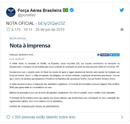 Aeronáutica abre inquérito para apurar caso de drogas em avião da FAB