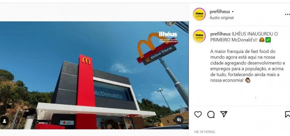 Prefeitura de Ilhéus divulga abertura de McDonald's e moradores criticam publicidade