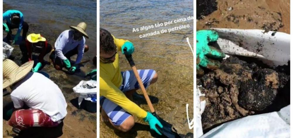 Mutirão retira manchas de óleo na praia de Itacimirim
