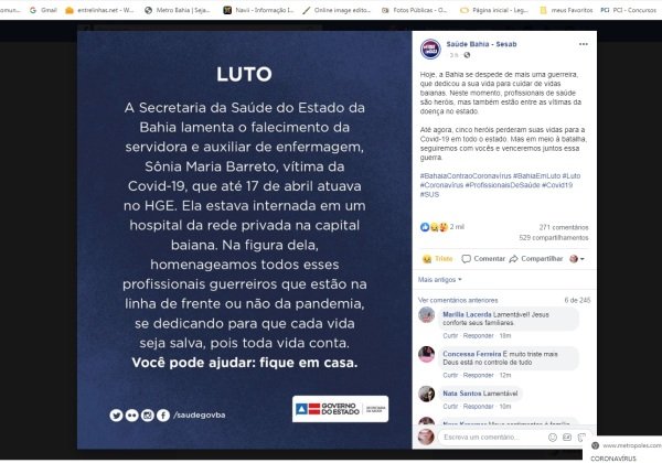 Secretaria da Saúde da Bahia homenageia profissionais da área mortos por coronavírus
