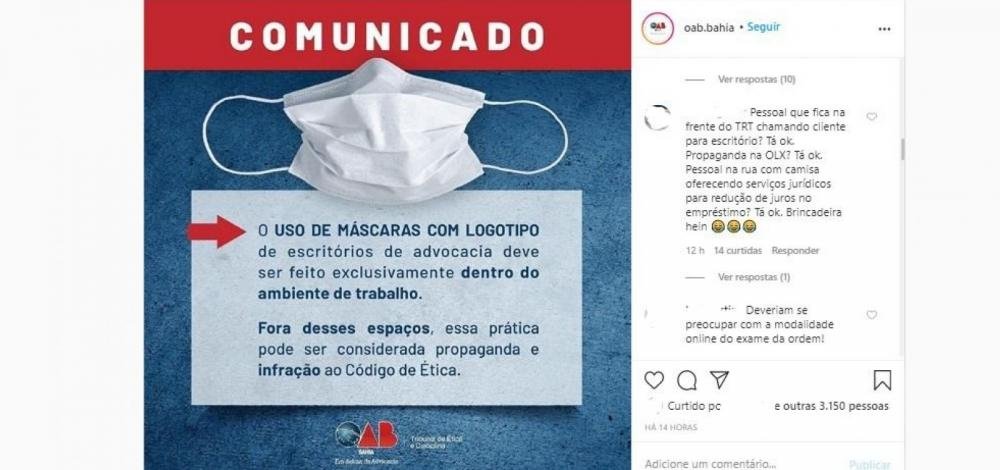 Uso de máscaras com marca de escritórios pode gerar punição a advogados, diz OAB-BA